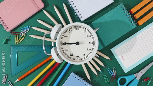 Back to School concept in Stop Motion. alarm clock with moving hands spins in Stopmotion, with school supplies on green background. school time, study breaks, and shopping for school essentials