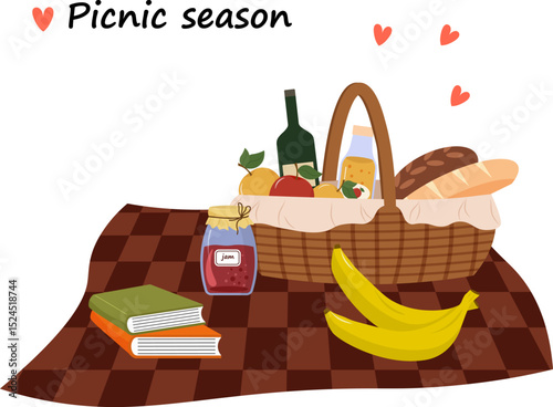 Summertime, picnic in nature. Picnic blanket. Basket and bottle of wine. Fruit and bread. Jam and books. Relaxing on the weekend. Vector illustration