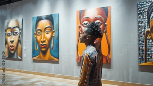 A male figure with textured hair admires vivid artwork in a contemporary gallery, showcasing cultural sculptures and portraits.