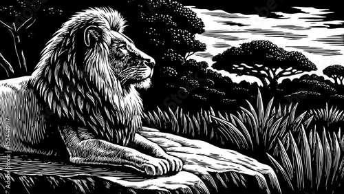 Black and white sketch vector of a majestic lion resting on a rock in the African savannah