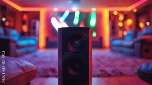 Modern audio setup featured in a cozy home theater with ambient lighting, creating a vibrant and inviting atmosphere.