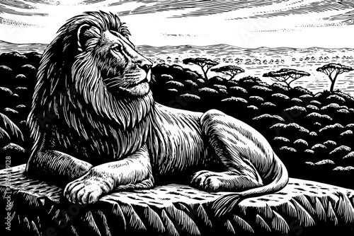 Black and white sketch vector of a majestic lion resting on a rock in the African savannah