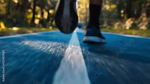 A close-up of a runner's feet on a scenic forest path, capturing the essence of outdoor fitness and vitality.