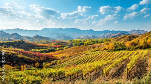 Vineyards in Helan Mountain, Ningxia, rows of grape vines with mountains in the background and blue sky, 8k, vivid colors, tranquility, natural beauty 