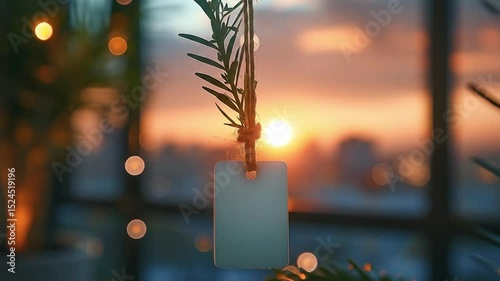 A tranquil sunset view with a hanging tag and greenery, creating a warm and serene atmosphere.