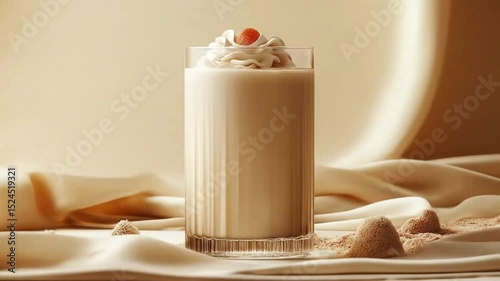 A creamy dessert drink topped with whipped cream and a cherry, elegantly presented against a soft, beige background.