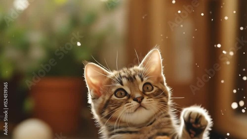 A playful tabby kitten joyfully reaching for floating particles in warm sunlight.