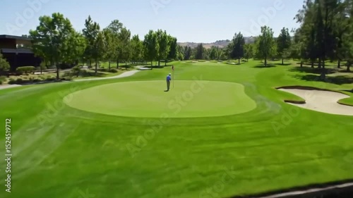 A serene golf course with vibrant green fairways and a tranquil pond, creating a perfect setting for a day of golfing.