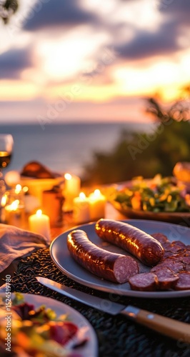 Grilled sausages on a plate, sunset view