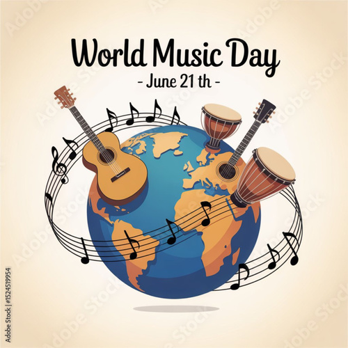 World music day  concept. World Music Day - June 21 th calendar date  isolated on white background. EPS 10