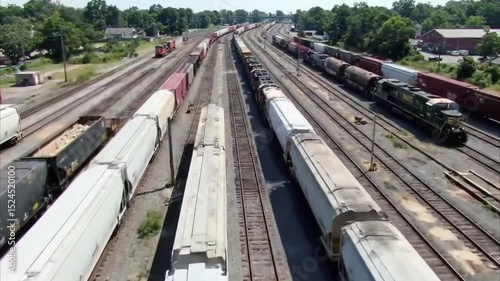 Aerial view of a bustling freight yard with various trains and cargo cars, showcasing vibrant colors against a clear sky.