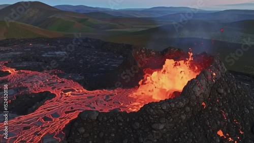 Aerial view of a mesmerizing volcanic eruption with flowing lava illuminating the dark landscape as night falls.