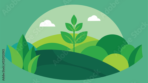 Abstract landscape illustration with green hues and white clouds on a white background