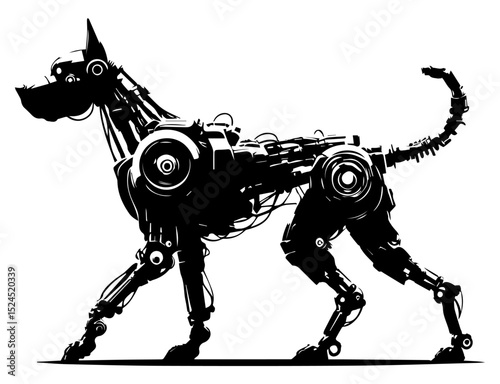 A black and white silhouette of a cyborg dog on a white isolated background. Vector graphics. EPS.