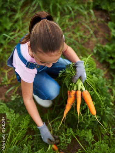 Young girl wearing gloves and overalls joyfully harvesting fresh carrots in a vibrant vegetable garden, relishing the rewarding fruits of her labor on a bright, sunny day