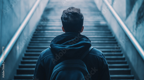 A man standing before an electric ladder, symbolizing innovation, progress, and futuristic ambition.

