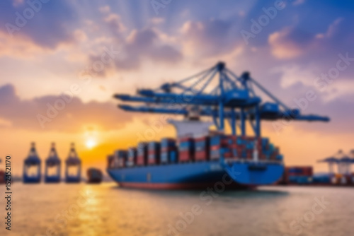 Blurry photo Container ship and loading and unloading port with cranes industrial forwarding import export international worldwide, sunset, blurry port wallpaper.