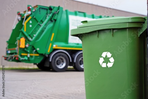 Green garbage truck collecting recycled waste in a green wheelie bin with recycle symbol, sustainable waste management and garbage disposal industry concept