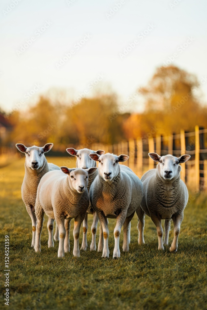 Obraz premium Five sheep are standing in a grassy field, with trees and a fence in the background, illuminated by the warm golden light of the setting sun during the autumn season