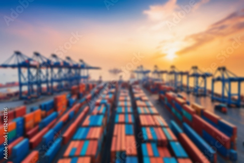 Blurry photo Container ship and loading and unloading port with cranes industrial forwarding import export international worldwide, sunset, blurry port wallpaper.