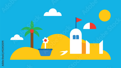 Abstract minimalist island scene with palm tree beach house and bright summer sky