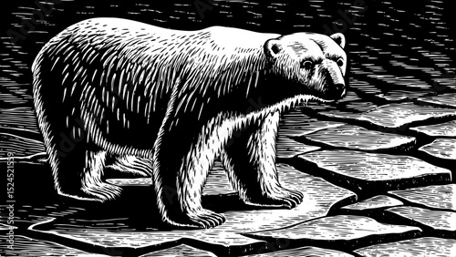 Black and white sketch vector of a standing polar bear on cracked arctic ice