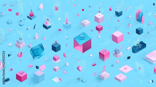 Isometric abstract shapes on pastel background