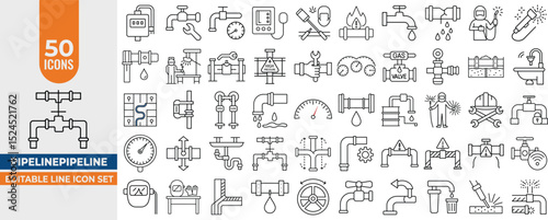 Editable Plumbing & Pipeline Icons – 50 Vector Line Icons for Water, Gas, Oil, Welding, and System Maintenance