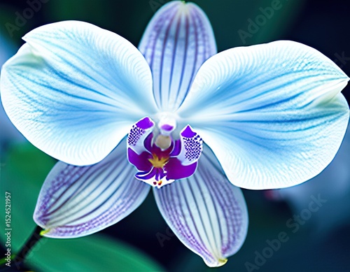 Close-up of a stunning white and purple orchid flower in soft natural light
