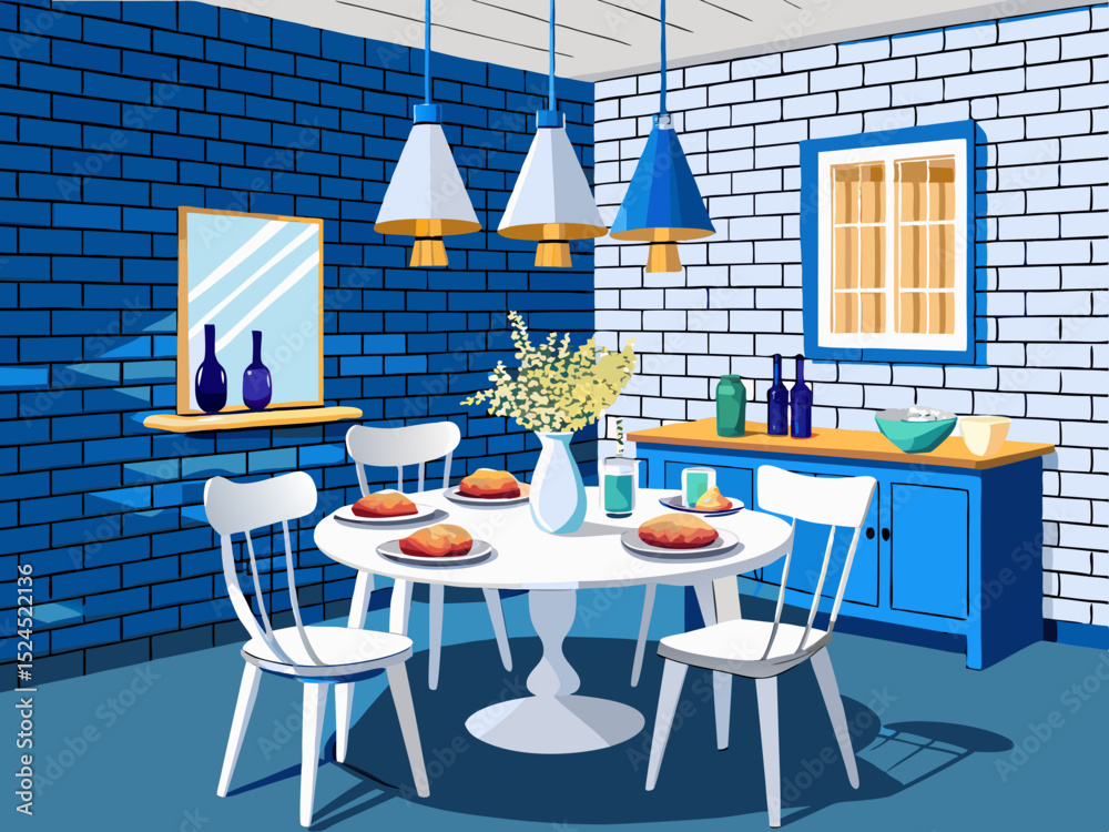 Obraz premium vector of Modern dining room with white brick wall and blue dining table and chairs and white chandelier above the table and white tableware.