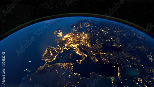 A satellite in low Earth orbit, capturing the illuminated city lights of the planet at night.