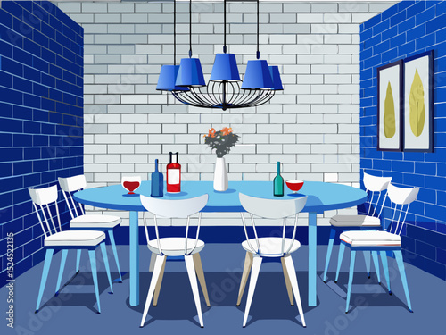 vector of Modern dining room with white brick wall and blue dining table and chairs and white chandelier above the table and white tableware.