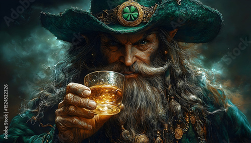 Leprechaun-like figure, adorned with green hat & long beard, holds glass with amber liquid against a cloudy backdrop