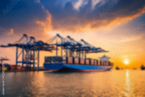 Blurry photo Container ship and loading and unloading port with cranes industrial forwarding import export international worldwide, sunset, blurry port wallpaper.