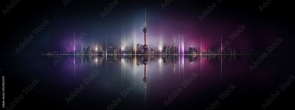 Naklejka premium Futuristic shanghai skyline reflecting at night with light trails