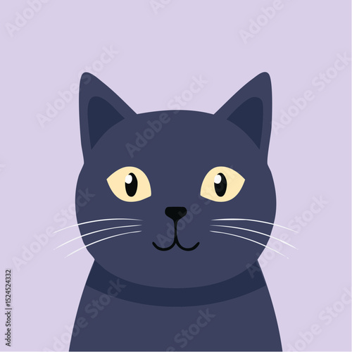 A cute black cat with big eyes in flat vector style, set against a pastel lavender background for a playful and clean look.