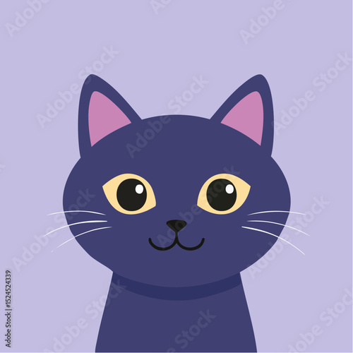 A cute black cat with big eyes in flat vector style, set against a pastel lavender background for a playful and clean look.