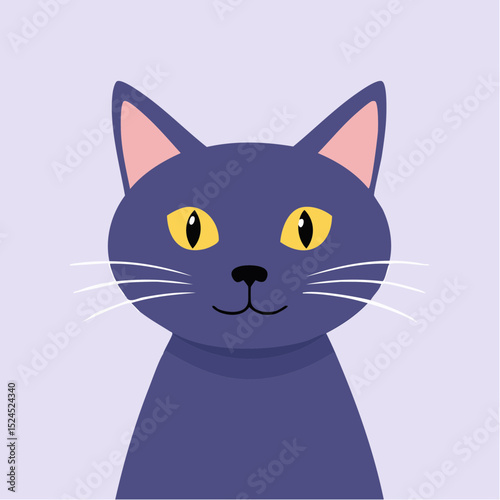 A cute black cat with big eyes in flat vector style, set against a pastel lavender background for a playful and clean look.
