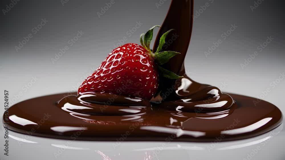 A video showcasing a fresh strawberry being drizzled with rich chocolate, highlighting indulgence and luxury, captured from a low camera angle.