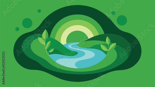 Abstract vector landscape illustration depicting green rolling hills and a serene river scene
