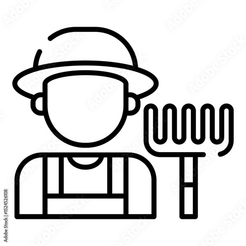 Farmer, gardener with hat and rake black line icon