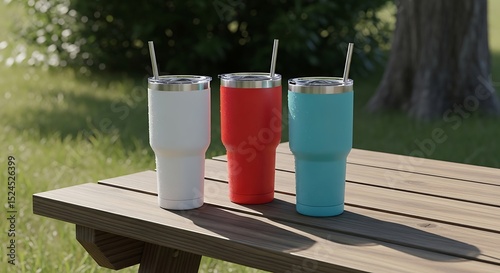 Three Color Stainless Steel Tumblers with Straws on Wooden Table Outdoors