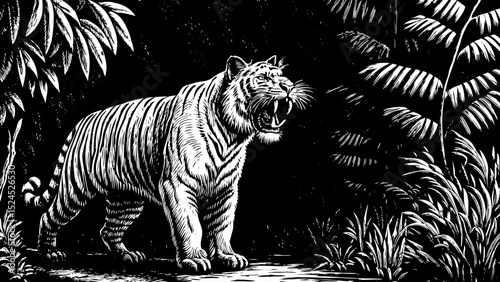 Black and white sketch vector of a roaring tiger in the jungle with visible fangs