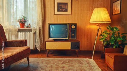 Nostalgic living room tableau featuring retro furniture and a classic television set photo