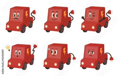 A set of emoticons featuring a red electric vehicle character, 빨간 전기차 이모티콘 캐릭터