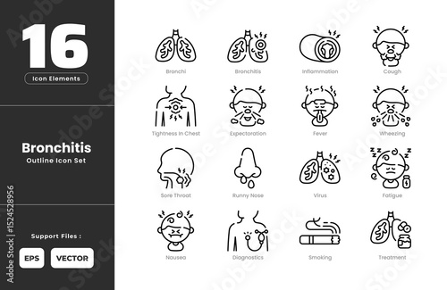 Bronchitis Symptoms Icon Set Collection - Outline Line Art Style. Containing Bronchi, Bronchitis, Cough, Diagnostic, Expectoration, Fatigue, Fever, Vessel Inflammation, Nausea, Runny Nose, Smoking.