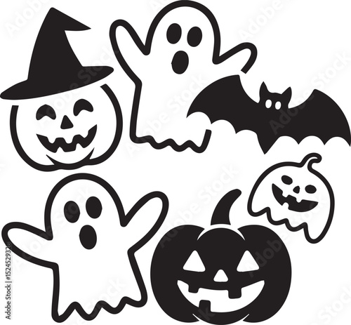 Halloween Icons Pumpkins Ghosts and Bats in Black and White