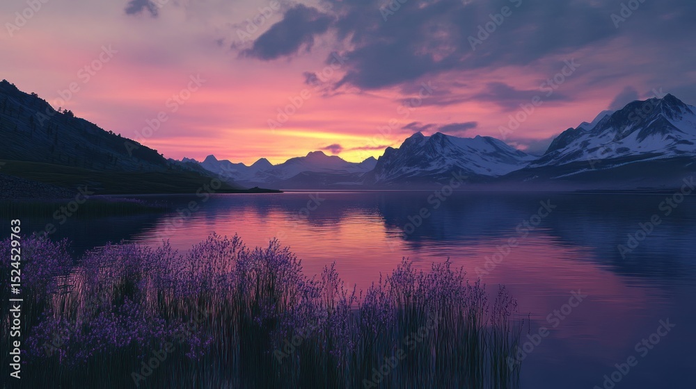 Fototapeta premium Spectacular alpine sunset illuminating tranquil lake, cascading over mountains