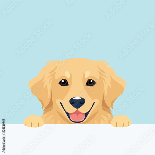 A sweet golden retriever with soft fur and kind eyes peeks up playfully from below, shown in clean vector style.