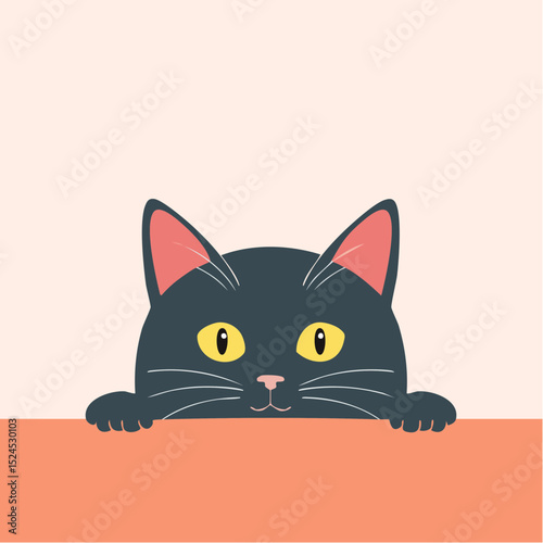A shy black cat peeks up with bright yellow eyes in a fun modern vector illustration.